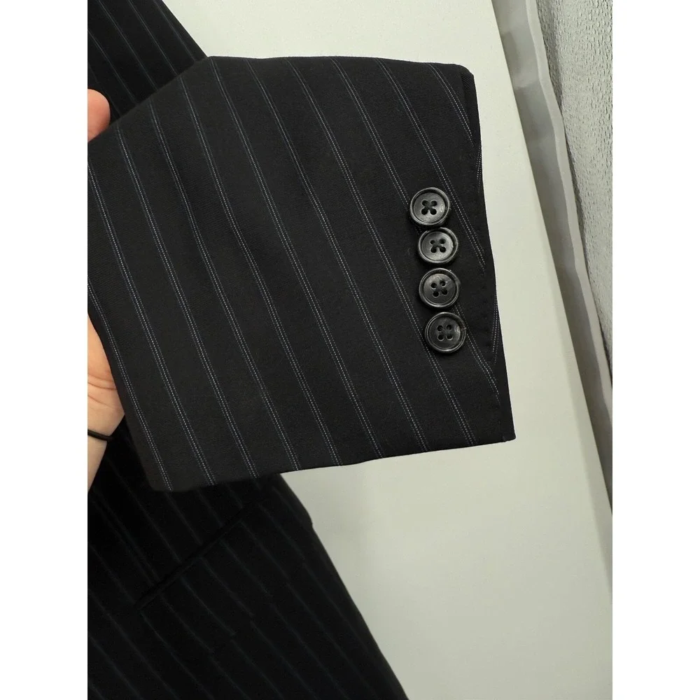 Corneliani Double Breasted Wool  Sports Coat Italy Black Blue Stripes ‎ Mens 56L